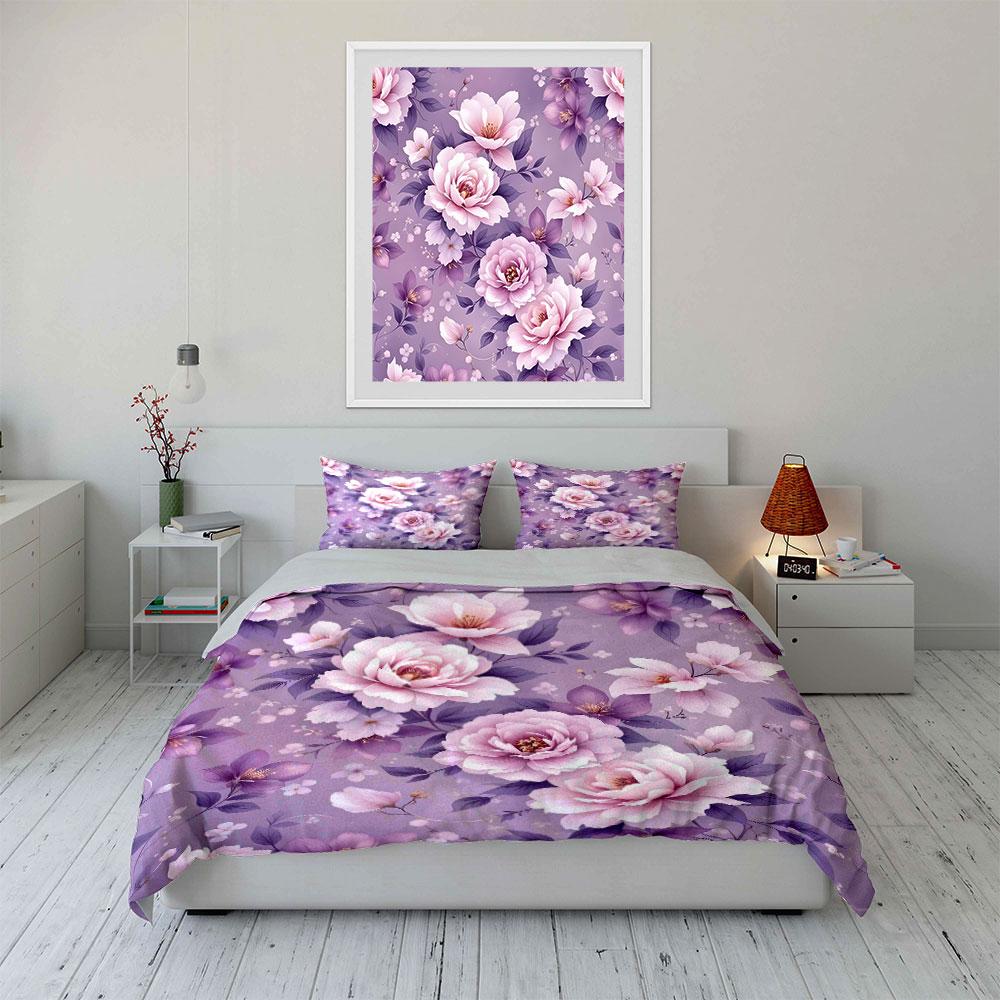Purple Floral Peony Pattern Bedding Duvet Cover Set (1*Duvet Cover 2*Pillowcases, Without Duvet Insert)