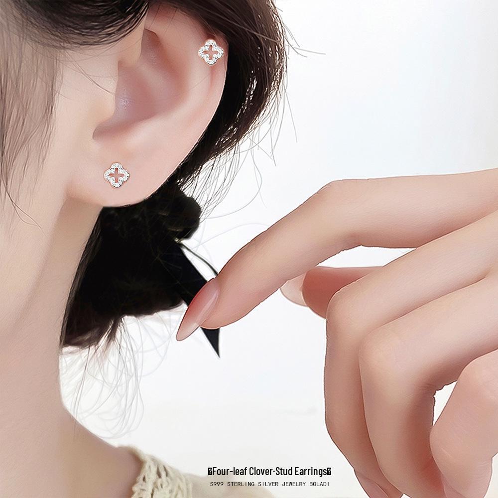 Sterling Silver Four-Leaf Clover Stud Earrings for Women - Comfortable for Sleeping