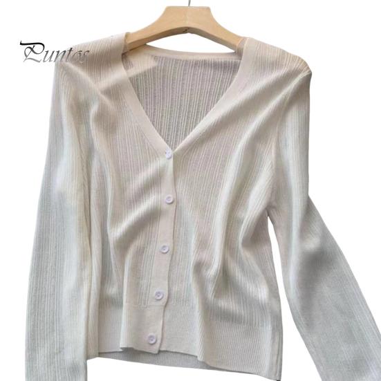 Sun Knit Cardigan for Women Long Sleeve V-Neck Button Up Thin Ice Silk Coat Summer Ribbed Cropped Top for Outdoor Travel Work Beach