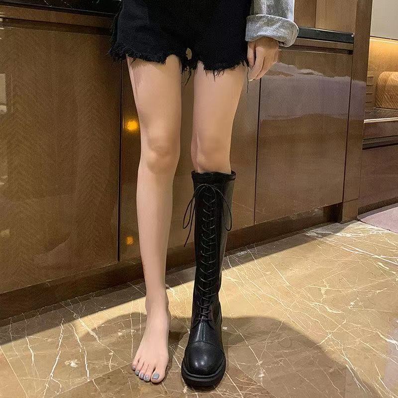 Knight boots long boots women's 21 autumn and winter new versatile elastic thin boots lace-up high boots flat bottom but knee boots