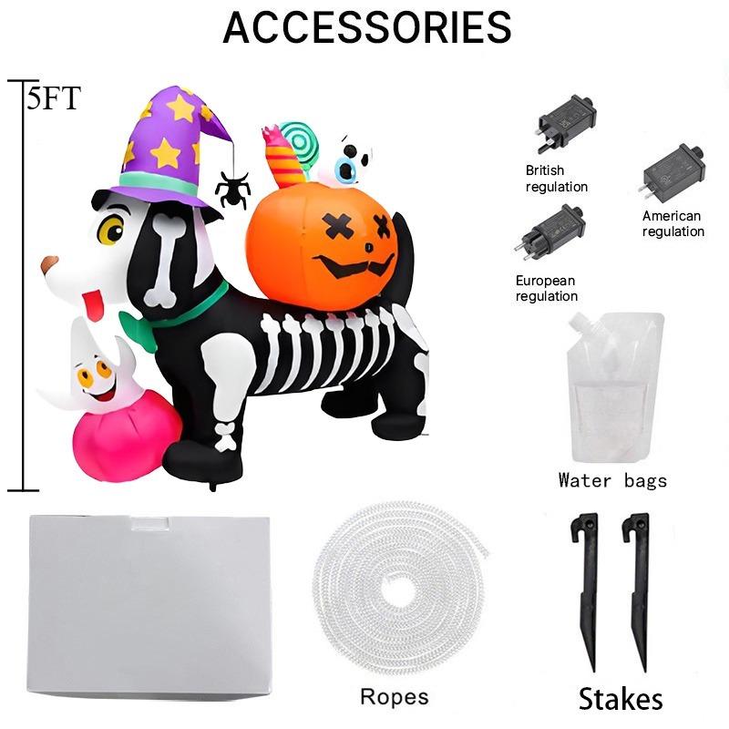 5FT Halloween Inflatable Toys Skeleton Dog with Pumpkin Decorations LED Light Up Blow Up Lawn Inflatable Model Outside Decor