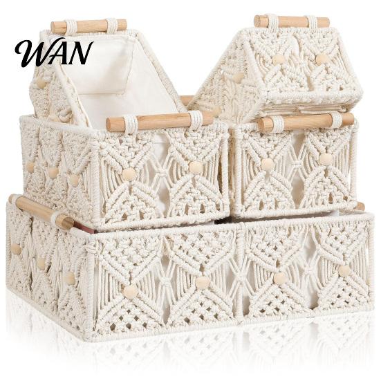 Cosmetic Storage Box with Wooden Handles Large Capacity Basket Woven Design Countertop Organizer for Cosmetics And Sundries
