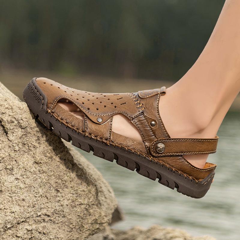 Summer Soft Sole Slippers Cowhide Sandals Comfortable Shoes Baotou Sandals Hollow Out Leather Non-Slip Outdoor Breathable Shoes
