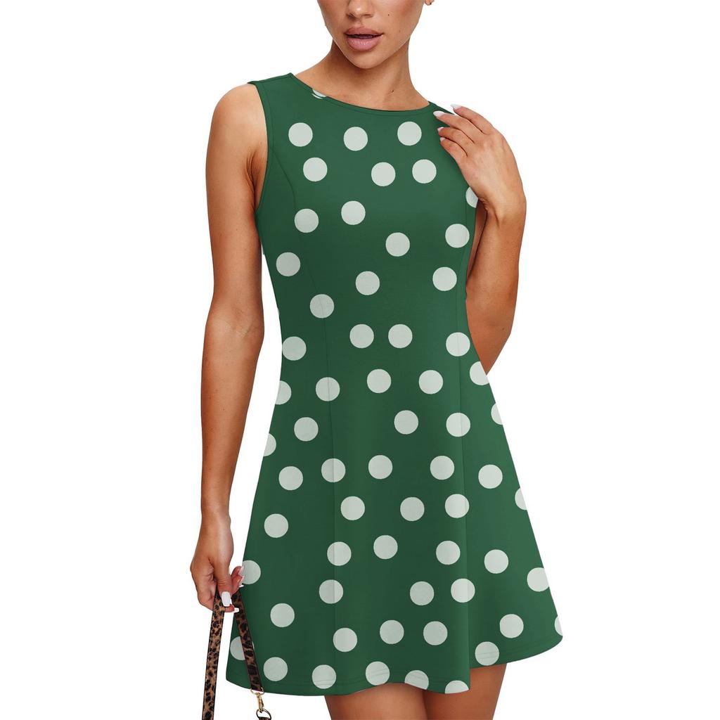 Women's Summer Dress Casual Sleeveless Round Neck Polka Dot Printed Vest Sundress