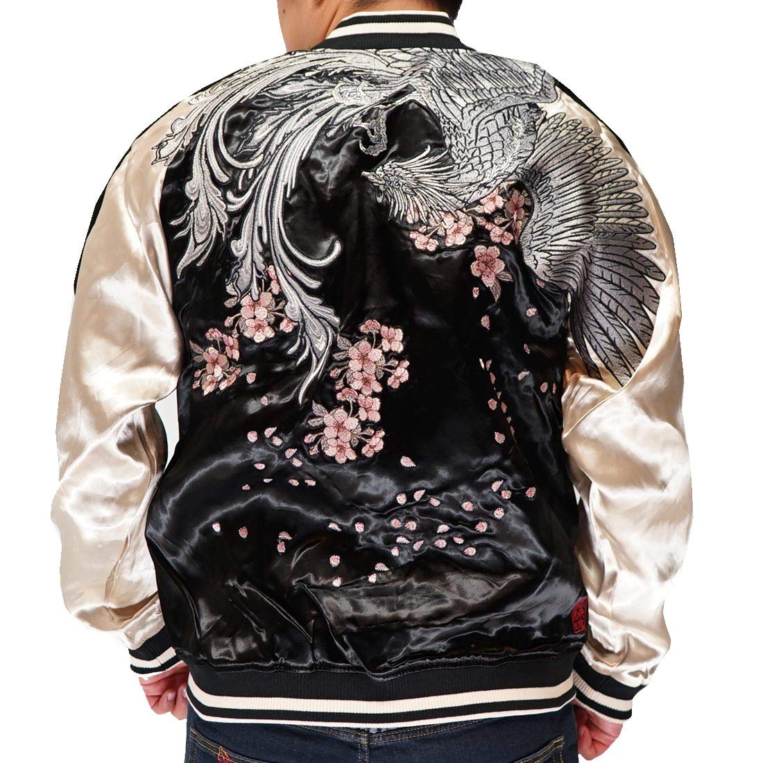 

Karakuridamashii Japanese pattern Sukajan for fully souvenir cherry [Karakuridamashii] men, embroidered, reversible, jacket, blossom, silver, phoenix,
