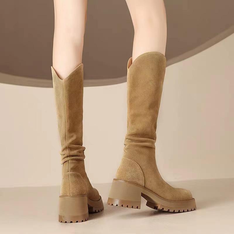 Show leg thin~ knight boots women's autumn and winter 2025 new pleated stack sleeve high boots European and American leather cowboy boots