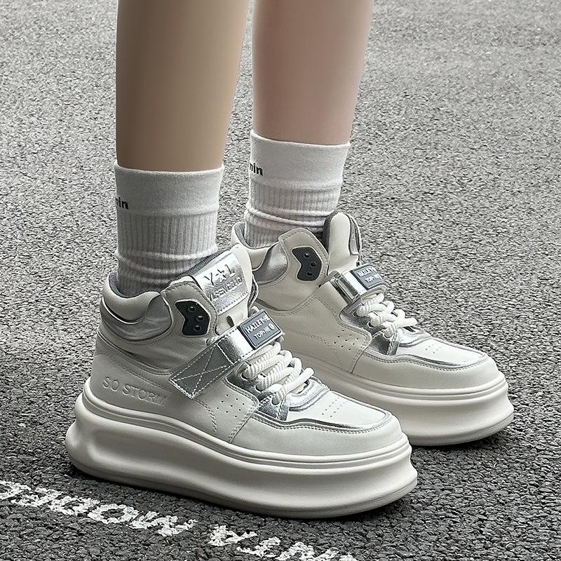 Women's High-Top Genuine Leather Velcro Sneakers with Thick Soles - Height-Enhancing Casual Sports Shoes for Spring & Autumn 2025