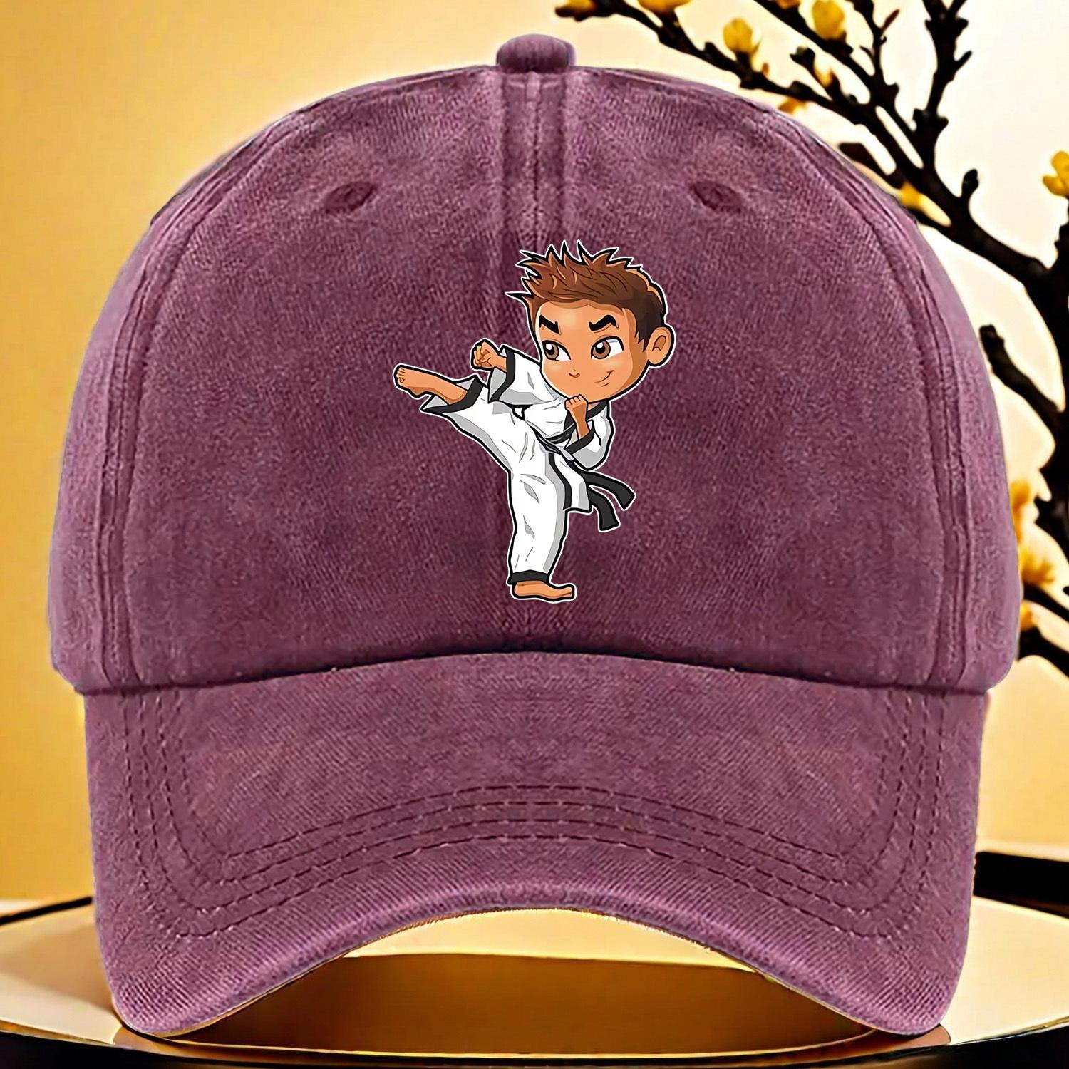

Karate Boy Print Baseball Cap Cartoon Martial Arts Theme Adjustable Size Lightweight Polyester Washable One Size