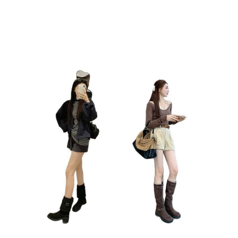 Cowhide Version~ Grape Ma Two Ways To Wear Western Boots Can Be Folded Thick Heel Buckle Stacked Boots Women's Boots