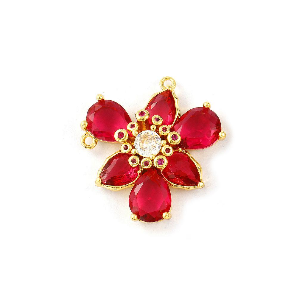1 Piece Brass & Glass Flower Connectors Charms Pendants 18K Gold Plated Clear Cubic Zirconia For DIY Necklace Making 23mm x 23mm