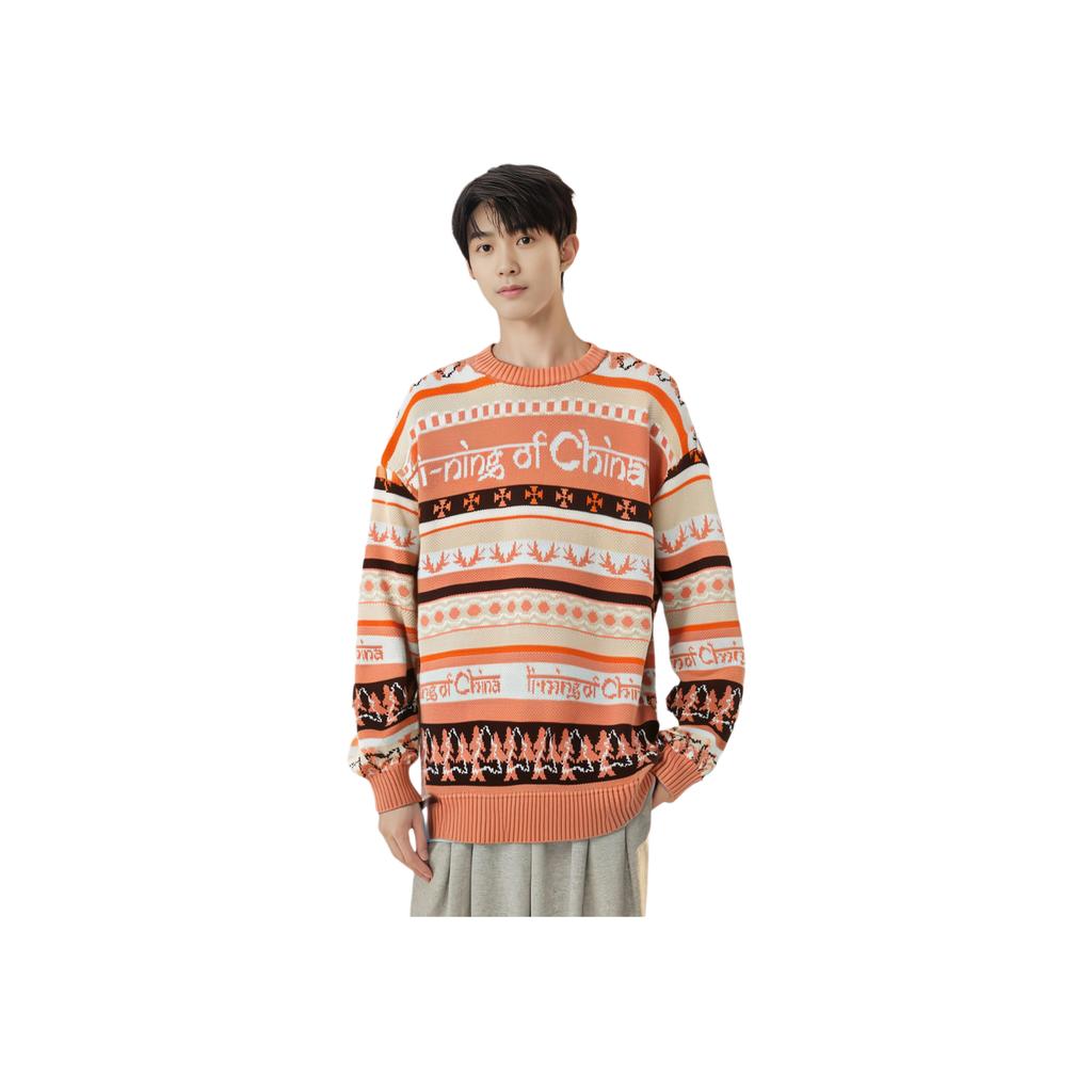 Li Ning All Over Letter Print Loose Fit Pullover Long Sleeve Knit Sweater Unisex Sweater Sunset-Orange AMBT129-2