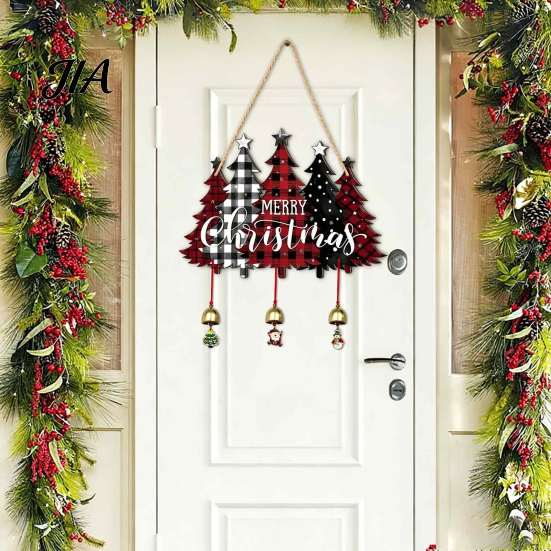 Indoor Holiday Party Supplies Merry Christmas Wooden Wall Door Hanging Sign with Bells, Rustic Santa Snowman Decor Tree Reindeer Decorative
