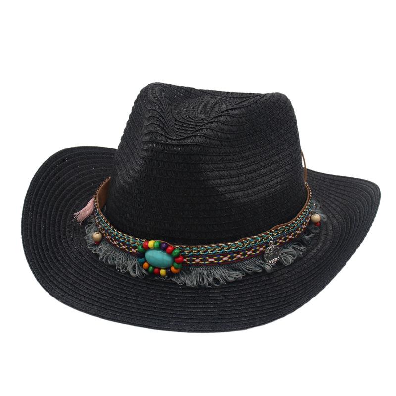 American Hot-Selling Straw Hat Turquoise Tibetan Tibetan Fringed Western Cowboy Ethnic Style Hat Warped Edge Performance Top Hat