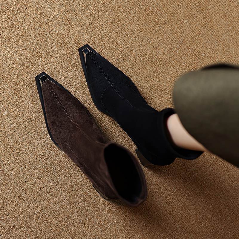 Krazing Pot Flock Autumn Winter Shoes Metal Decoration Thick High Heels Big Size 40 Modern Boots Square Toe Keep Warm Slip On Ankle Boots