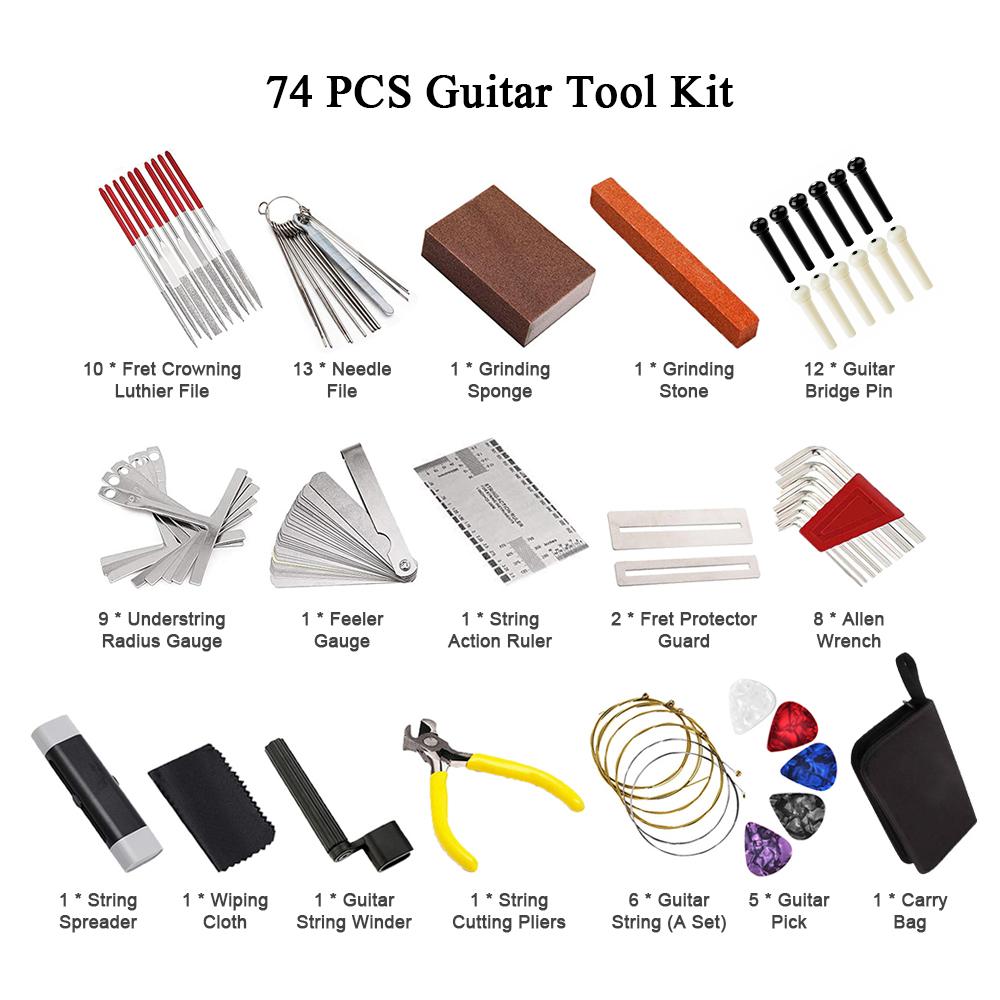 74 PCS Guitar Tool Kit with Carry Bag, Repair Maintenance Tools String Action Ruler Guitar Bridge Pins Strings Picks