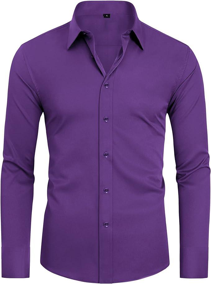 Men's Long Sleeve Solid Color Shirt, 4-Way Stretch, Natural Color Button, Slim Fit, Wrinkle Free, Business Casual Dress Shirt