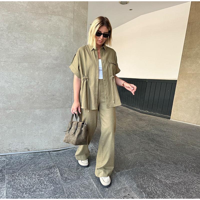 

Женская рубашка с короткими рукавами на шнурке, однотонный комплект с длинными брюками трех цветов на выбор, пояс для повседневного ношения, летний новый женский комплект XL зелёный