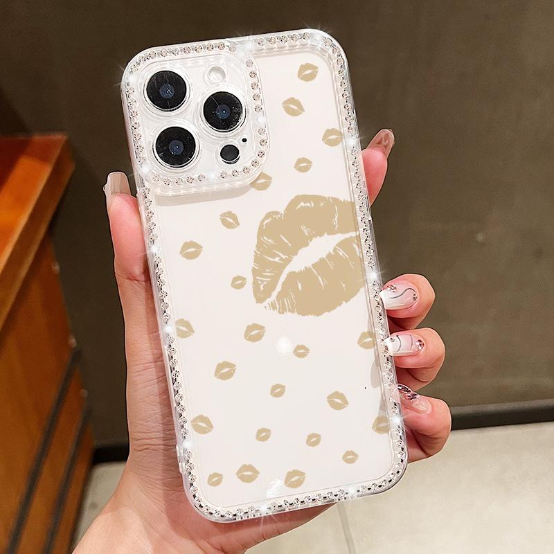 Red Lips Print Phone Clear Anti-Fall Case Shell For iPhone 16 Pro Max 16E 15 14 Pro 13 12 11 Diamond Frame Soft Silicone Shockproof Phone Cover