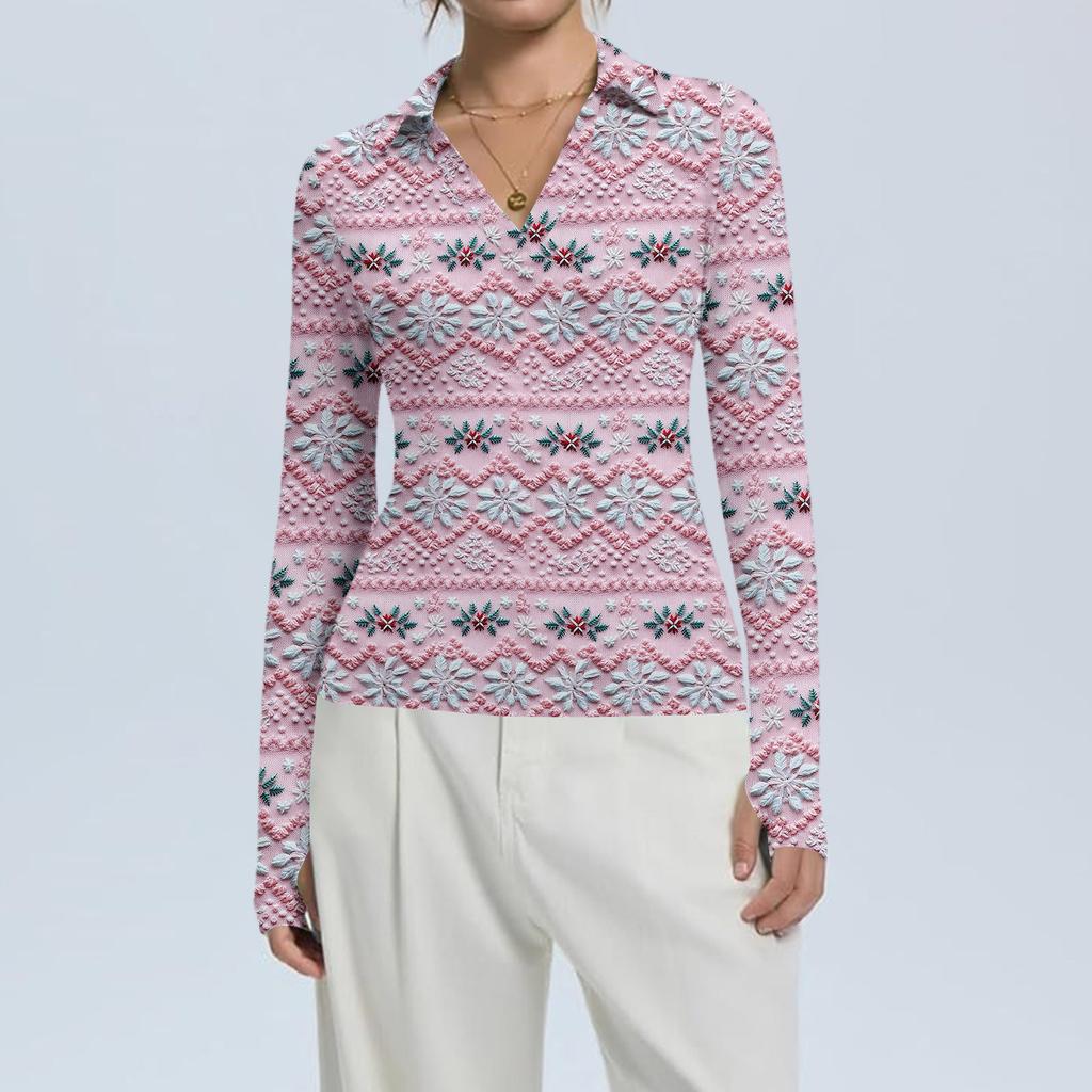 Damenmode Lässig Weihnachts-Print V-Ausschnitt Langarm Knopfleiste Oberteil
