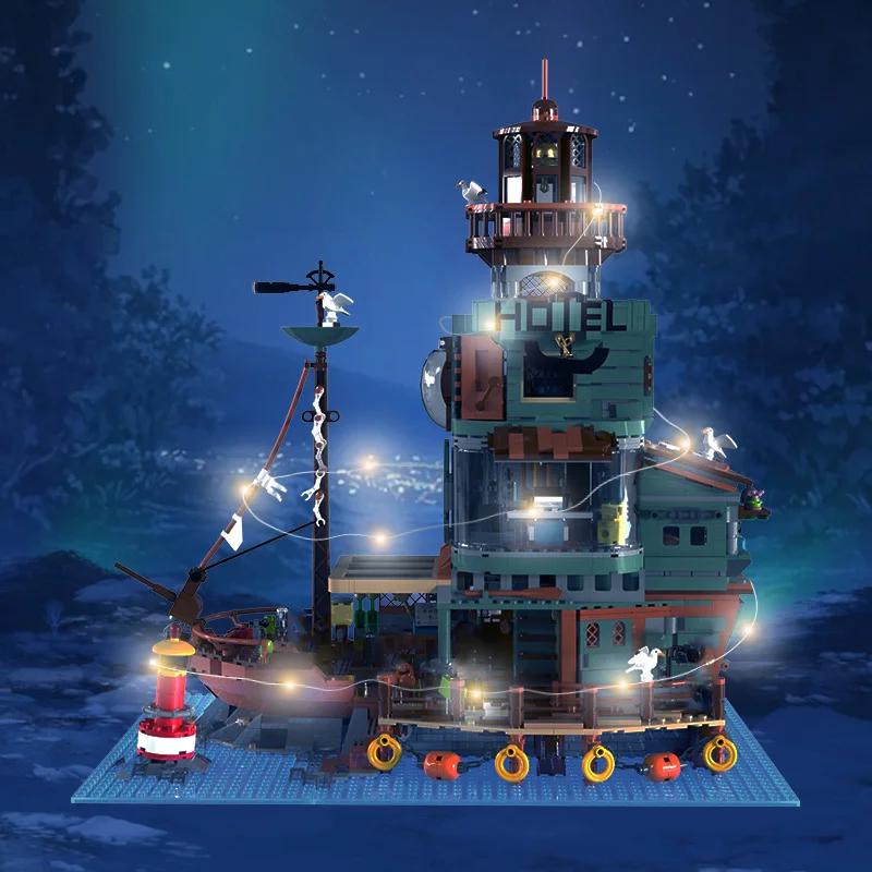 Creative Harbour Hotel Old Fishing House Ship Model Building Blocks Street View Lighthouse Houseboat With Light Mini Bricks Toys