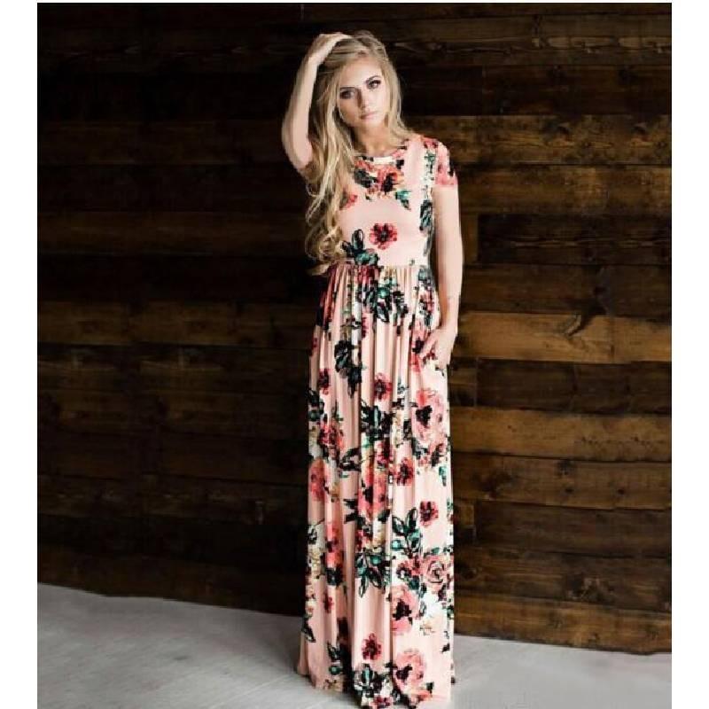 Elegant Summer Floral Print Long Sleeve Dress For Women In White Pink Green And Navy Blue