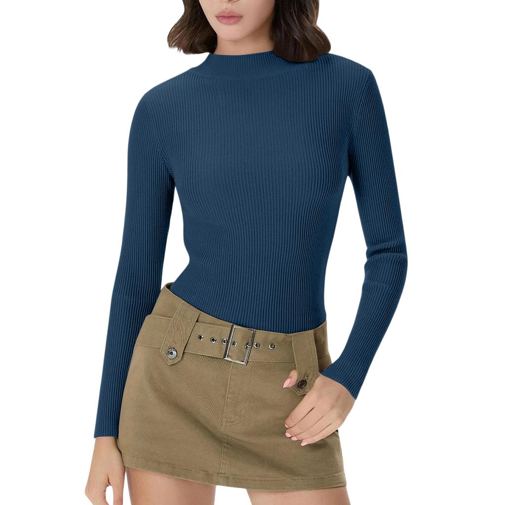 Women's Everyday Casual ,Color Half,High Neck Long,Sleeve Knit Base Layer Top