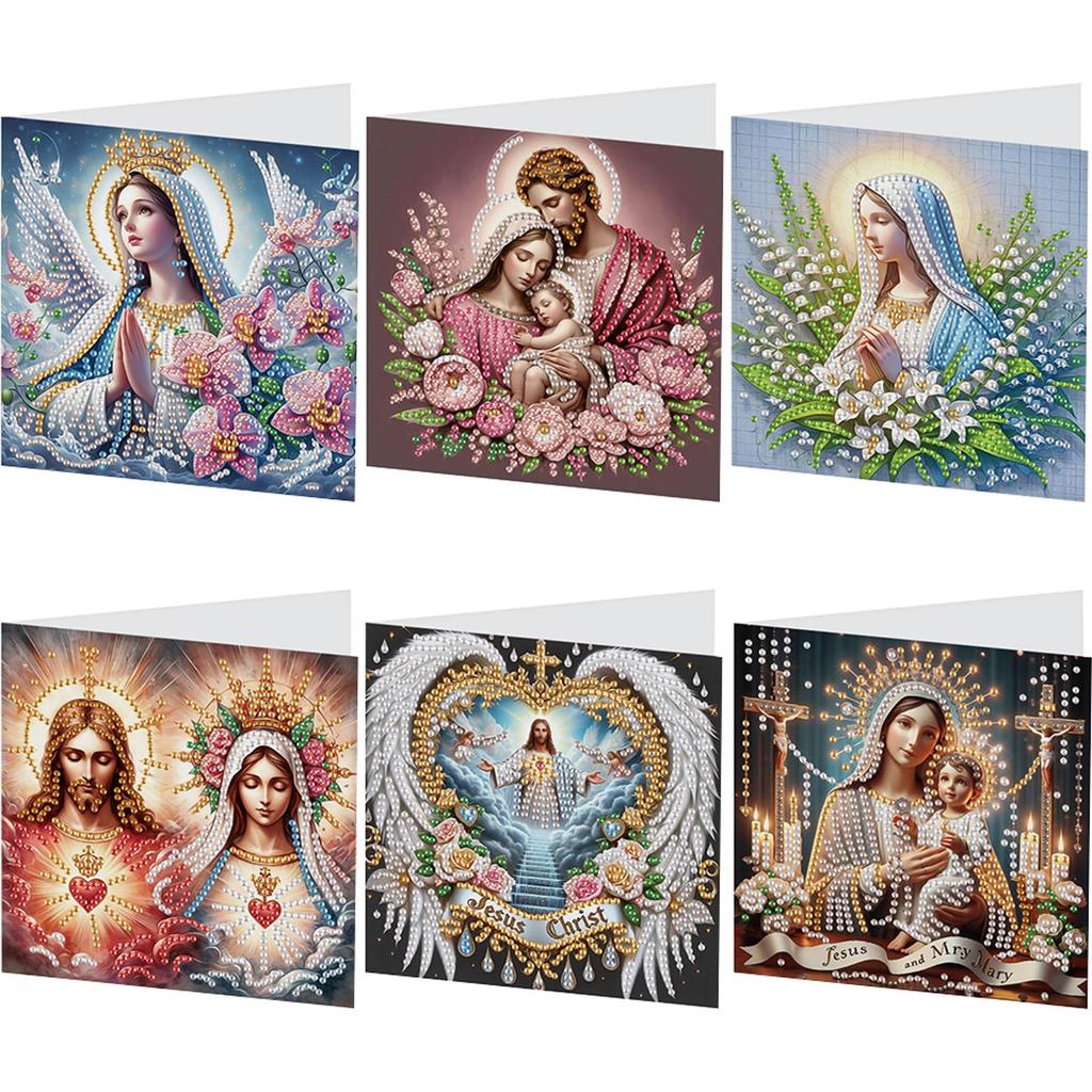 6Pcs Diamond Painting Greeting Card Holy Mother & Jesus Diamond Handmade Card Diamond Daily Wish Card for Holiday Party Favors