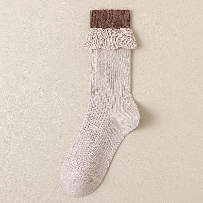 

Носки женские весна и осень, хлопковые носки средней длины с двойным рубчиком, осенние и зимние носки с ворсом Yuezi и широким носком 1 Pair