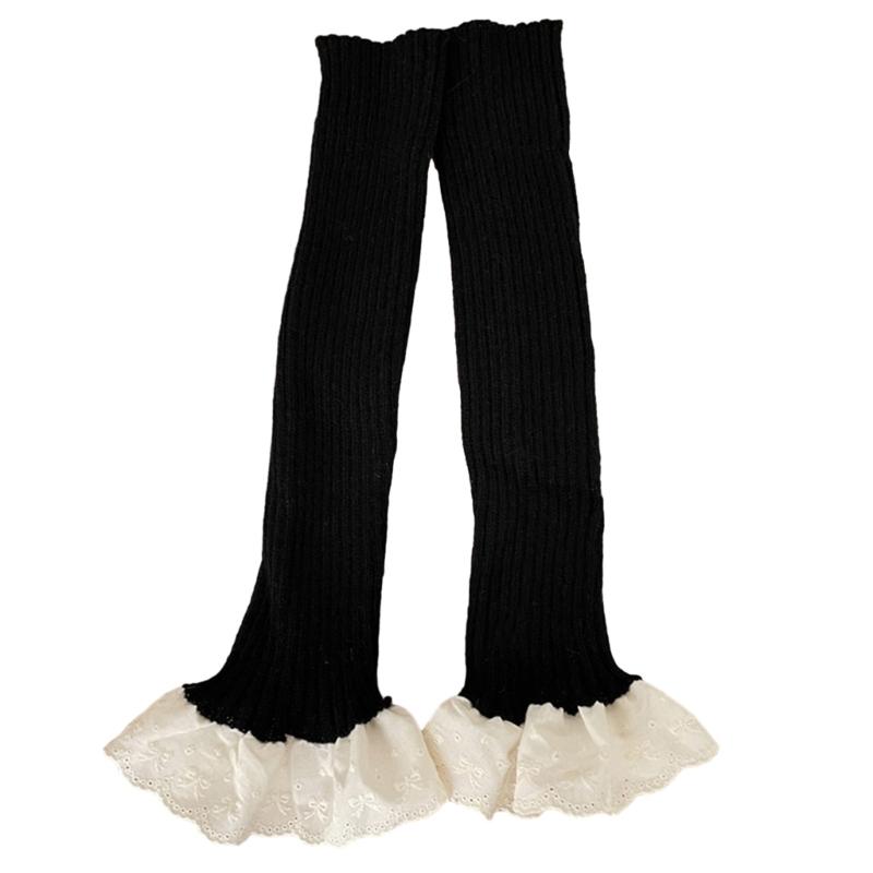 Ribbed Knitted Vertical Striped Leg Warmers Boot Cuffs Cute Ruffled Lace Hem Leg Covers Over Calf Long Socks for Women