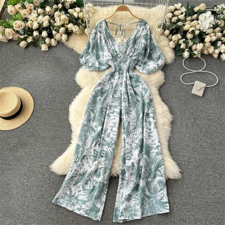 Sexy Waist Slim Jumpsuit with Dolman Sleeves Polka Dot Print Wide Leg Trousers Neck Design
