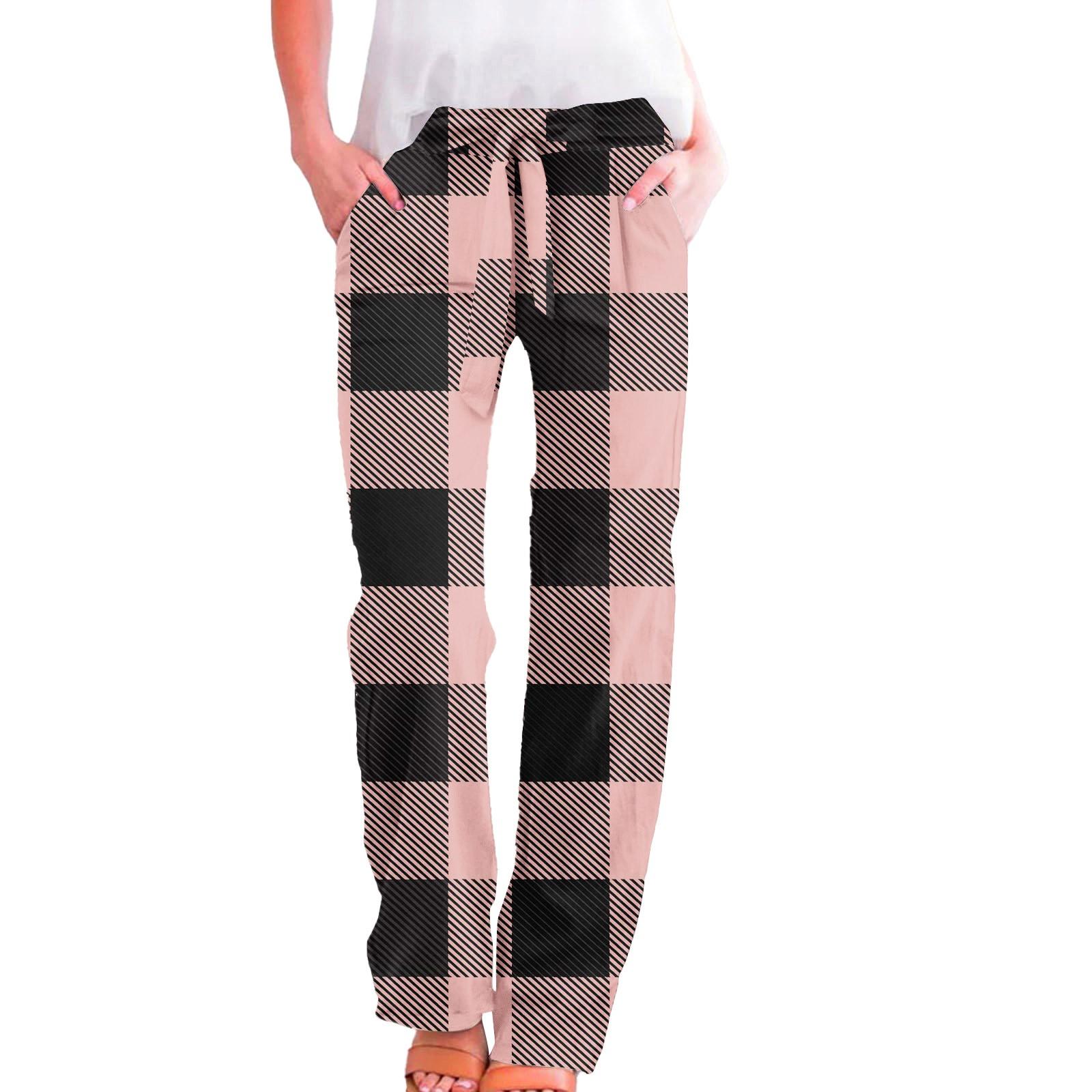 

Женские повседневные прямые брюки с клетчатым принтом, повседневные длинные брюки с карманами XL арбуз красный