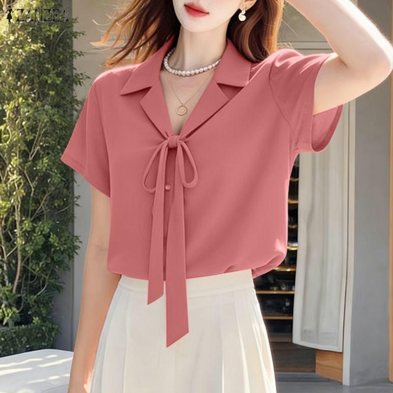ZANZEA Women Turn Down Collar Loose Casual Short Sleeve Blouse