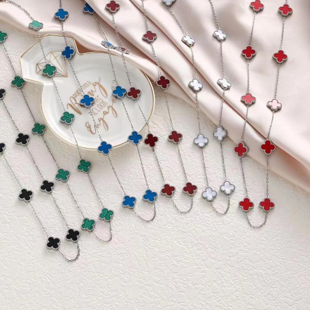 Steel-colored Four-leaf Clover and Ten-flower Necklace Clavicle Chain Fashionable and Non-fading Necklace for Women