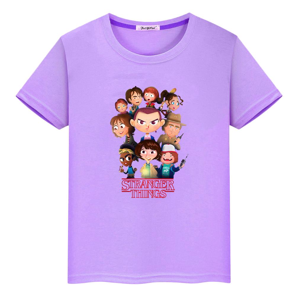 camiseta estampada de stranger things para niños niño10años camisetas de anime 100% algodón kawaii tops cortos camiseta y2k one piece ropa para niños niñas 130 púrpura