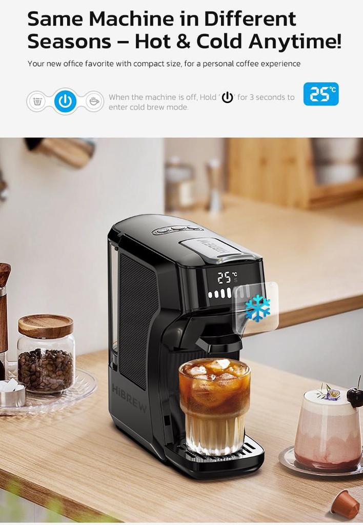 Macchina da Caffè a Capsule HIBREW H1C, Estrazione ad Alta Pressione 20Bar, Caffè Caldo/Freddo, Regolazione Acqua a 7 Livelli, Compatibile con NSDG