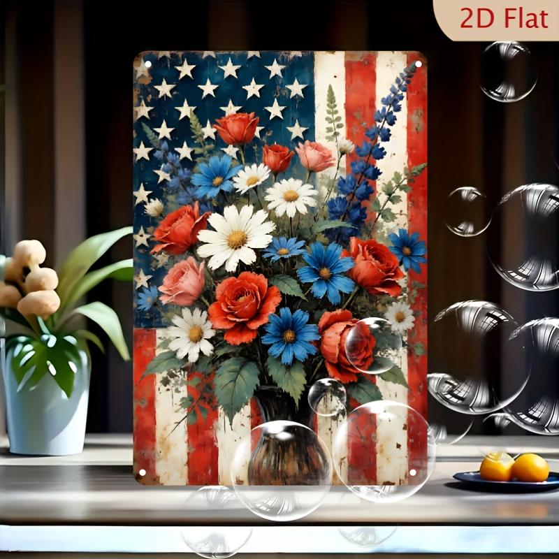 Vintage x Inch Metal Tin Sign Patriotic Floral American Flag Wall Art Rustic Home Decor for Porch Patio Garden Kitchen Ame