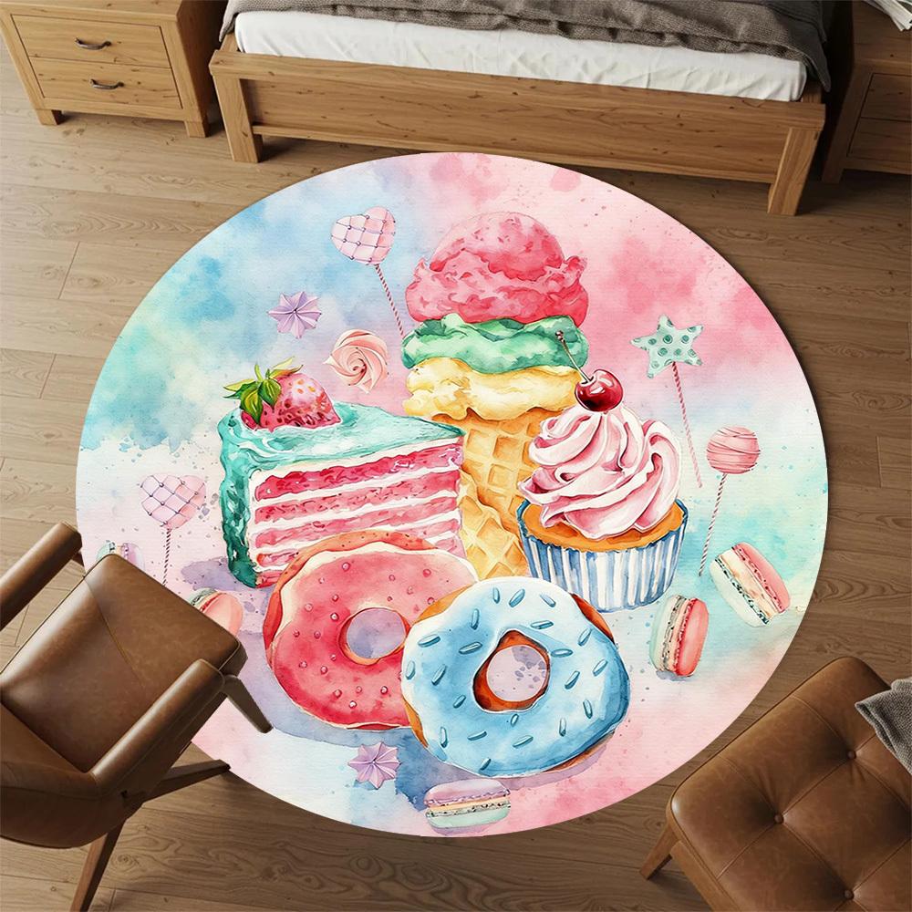 1pc Sweets Desserts Round Chair Mat Office Area Rug - Non-Slip, Floor Mat for Office, Bedroom, and Indoor Decor P127293