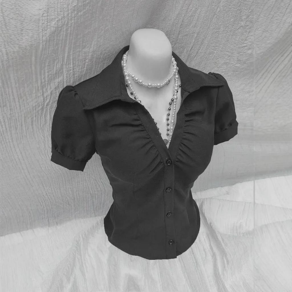 Europejska i Amerykańska Moda 2025: Damska koszula z dekoltem w serek, plisowana, dopasowana, z krótkim rękawem