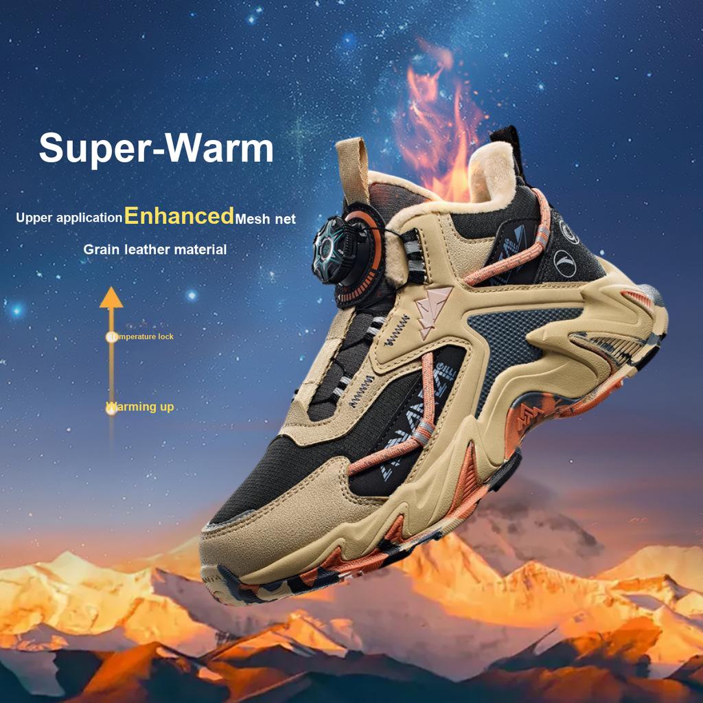 Anta Kids Trendy Fashion Fleece Warm Wear-Resistant Non-Slip Mid-Top Outdoor Shoes Kids Shoes Black Light-Brown Castle-Gray A12446916-3