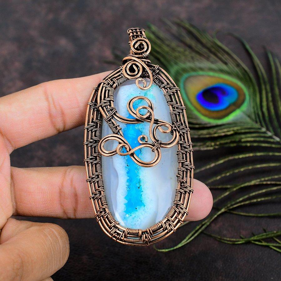 Aqua Botswana Druzy Copper Wire Wrap Jewelry Pendant 3.78 p5W05