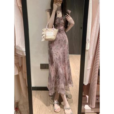 Sanfter Wind Schmetterlingsdruck Lotusblattkante Trägerkleid Kinder Taille Temperament Ärmellos Langes Kleid Sommer