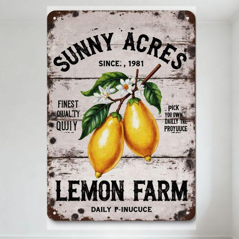

Vintage Style Sunny Acres Lemon Farm Metal Tin Sign, Weathered Wood Texture, Lemons Flowers Design, Rustic Farmhouse Decor for C 20x30cm（7.8x11.8inch）