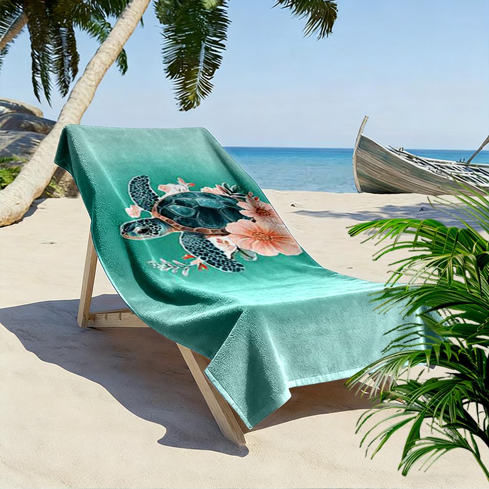 Floral Turtle Design on Teal Background Beach towel quick-drying for travel outdoor sports jogging beach and swimming