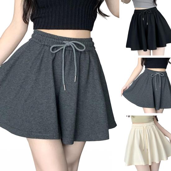 Women Summer Shorts Elastic High Waist Adjustable Drawstring Casual Shorts with Pockets Solid Color Wide Leg Shorts