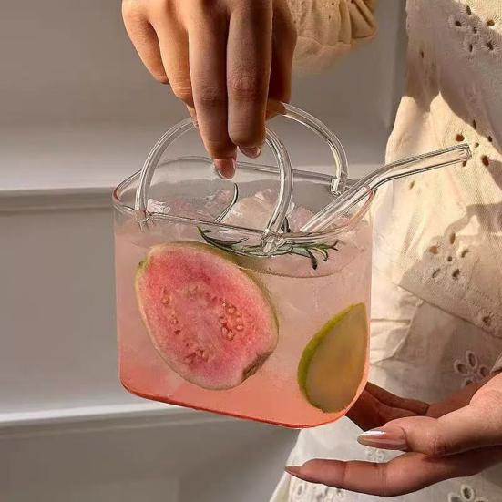 Skleněný hrnek ve tvaru kabelky 750 ml Průhledný Kreativní termohrnek na džusy Koktejly Ledovou kávu Roztomilá skleněná peněženka Dekorativní akvarium Váza Kabelkové vázy na párty