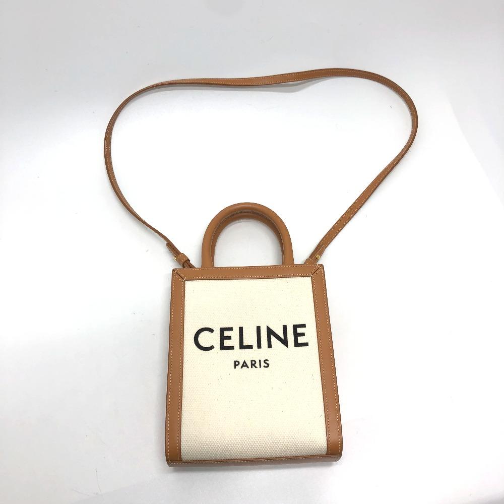 CELINE logo Vertical Cabas Mini 2WAY Shoulder Bag Canvas/Leather Beige