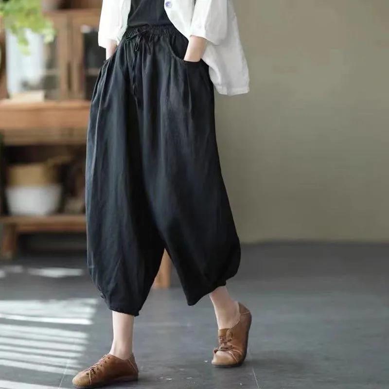 Women's Dopamine Retro Zen Style Elastic Waist Cotton Linen Cropped Harem Pants for Spring Summer