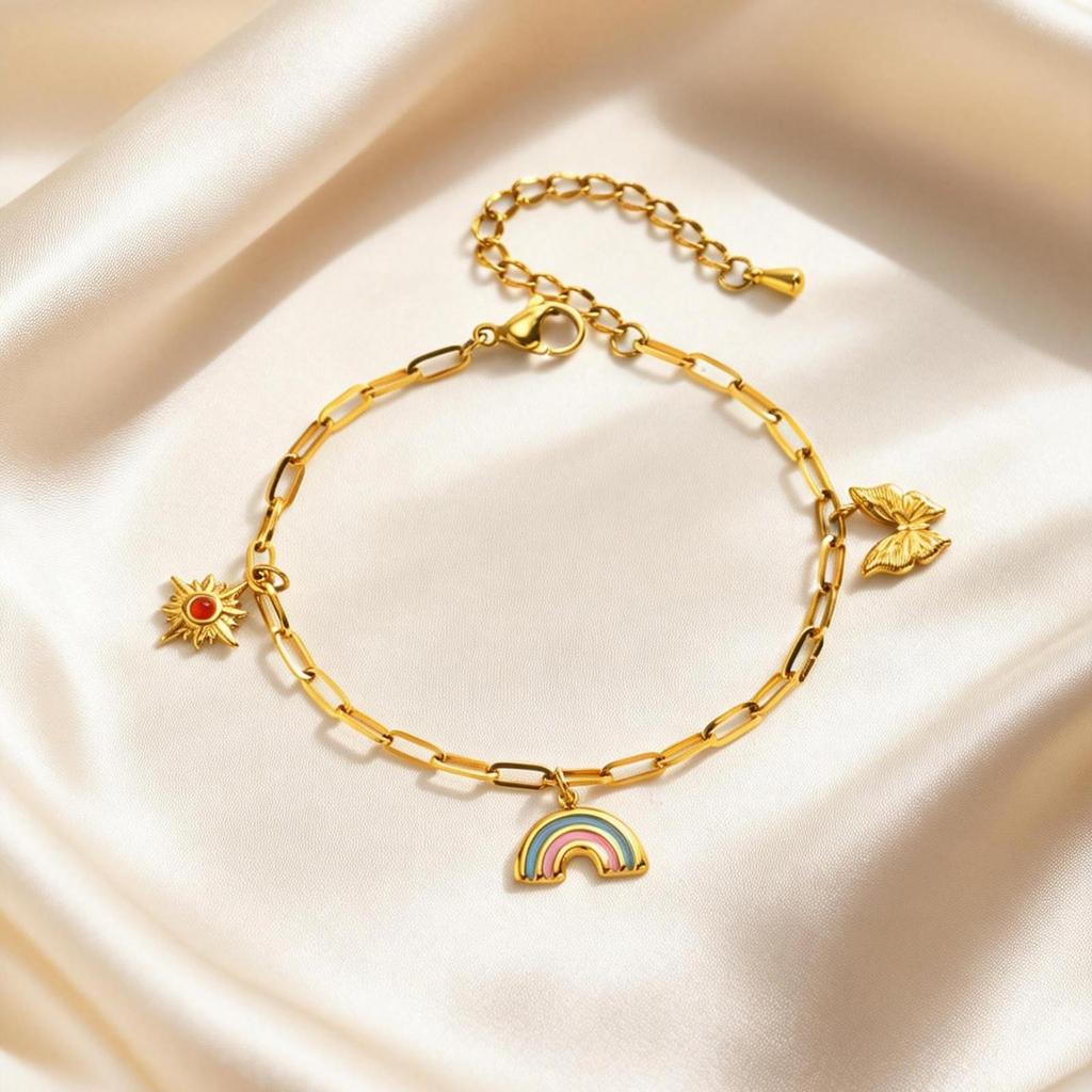 Fresh And Sweet Wind Ladies Stainless Steel Sun Rainbow Butterfly Bracelet Gold Jewelry Br-2625