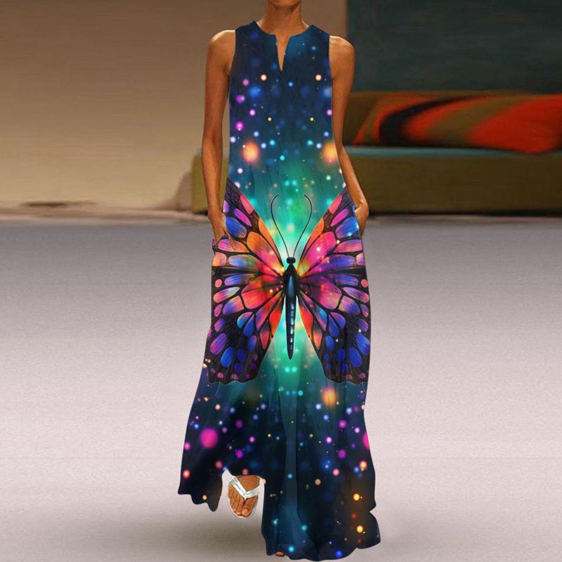 Fashion Plus Size Fancy Dress 3D Print Fashion V Neck Pocket Long Dress Large Swing Sexy Sleeveless Beach Dress
