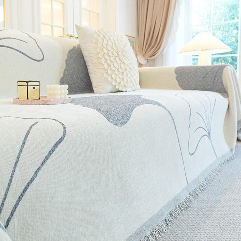 Pastoral Gingko Leaf Printed Tassel Sofa Towel All-Inclusive Sofa Cover for Four Seasons Dust-Proof Couch Slipcover for Home